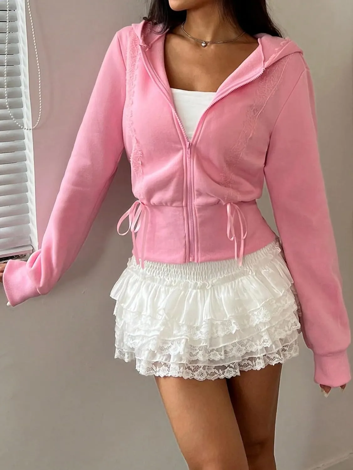 Cioatin Women Cute Lace Patchwork Bow Zip Up Crop Hoodie Y2K Coquette Fleece Casual Hooded Sweatshirt Jacket Pullover