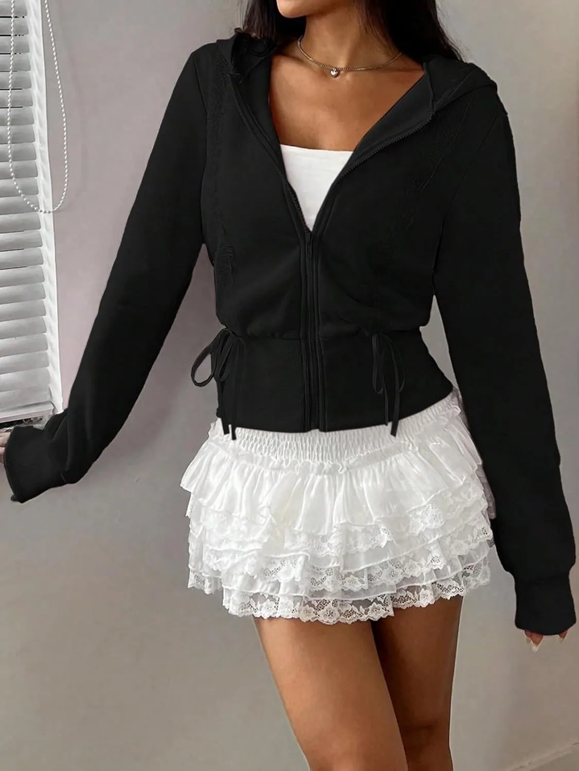 Cioatin Women Cute Lace Patchwork Bow Zip Up Crop Hoodie Y2K Coquette Fleece Casual Hooded Sweatshirt Jacket Pullover