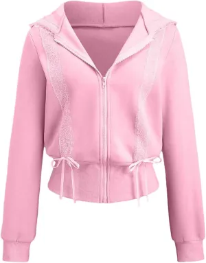 Cioatin Women Cute Lace Patchwork Bow Zip Up Crop Hoodie Y2K Coquette Fleece Casual Hooded Sweatshirt Jacket Pullover