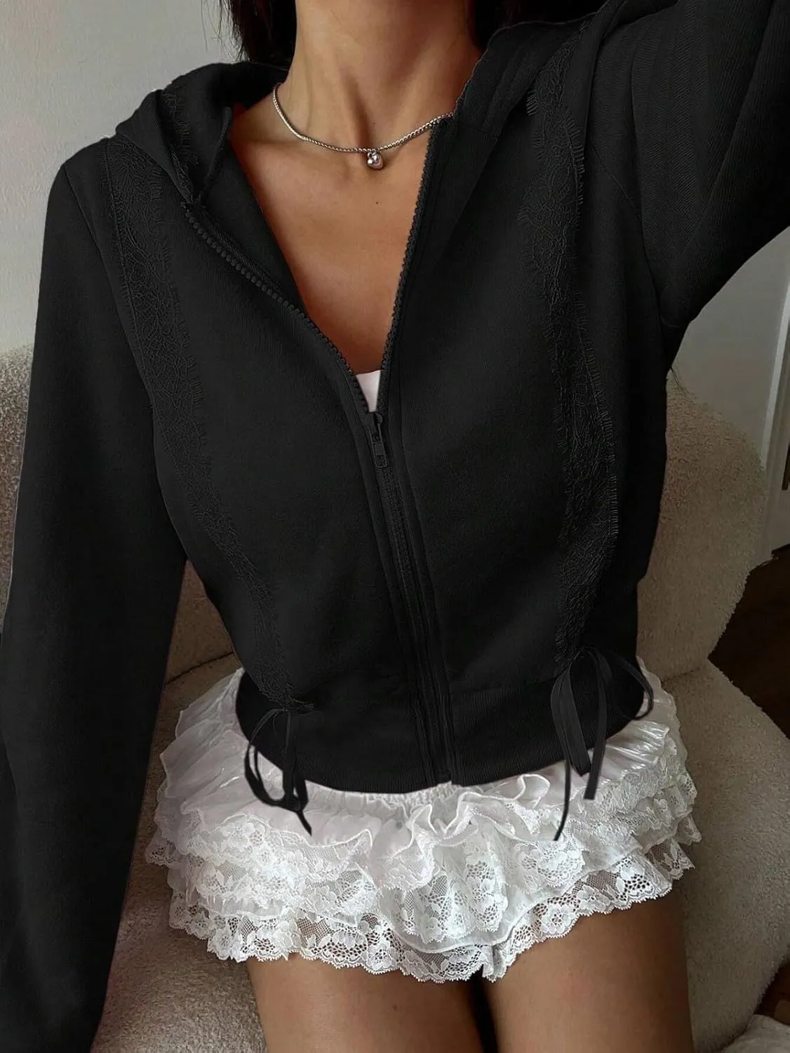 Cioatin Women Cute Lace Patchwork Bow Zip Up Crop Hoodie Y2K Coquette Fleece Casual Hooded Sweatshirt Jacket Pullover