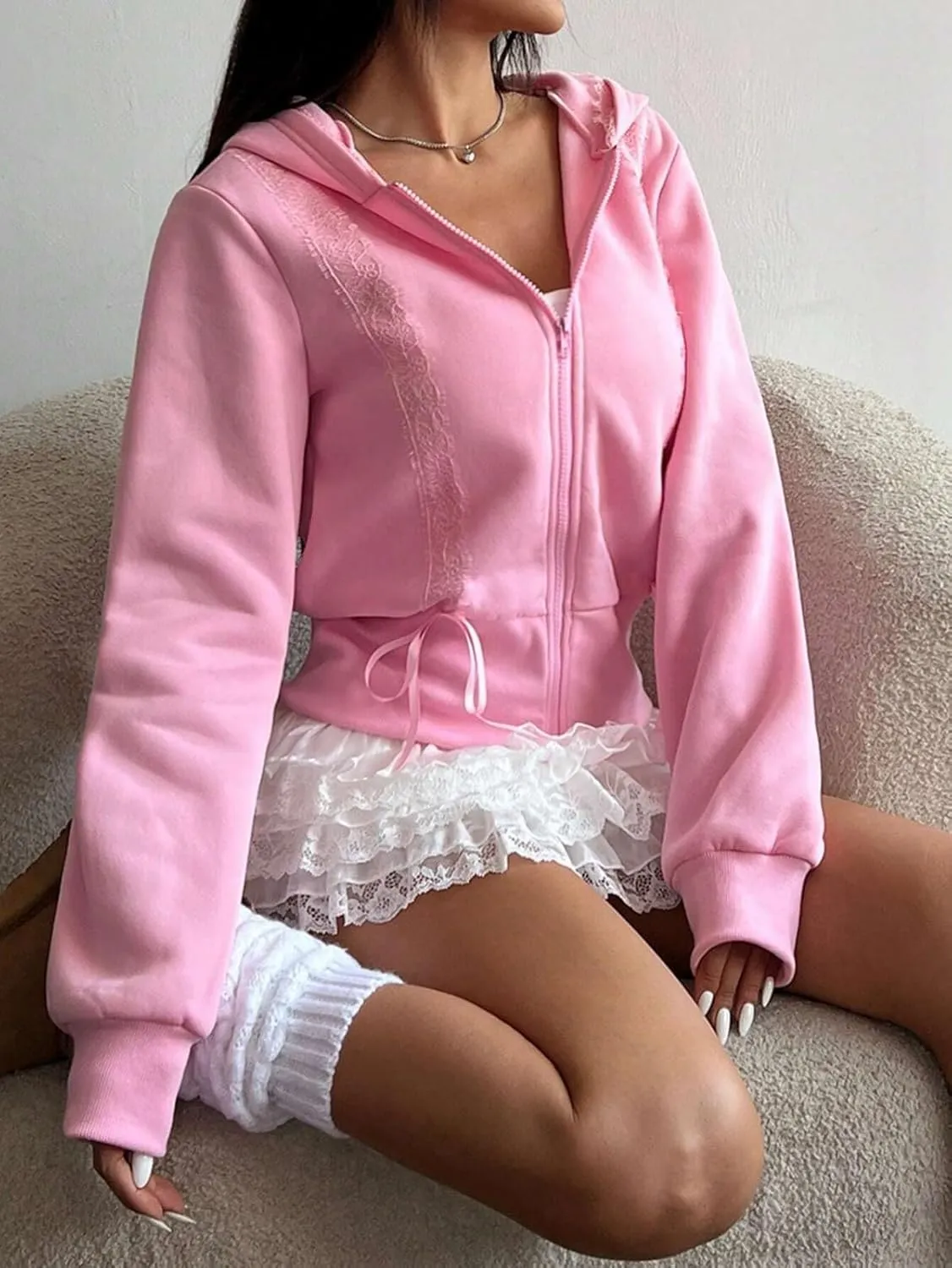 Cioatin Women Cute Lace Patchwork Bow Zip Up Crop Hoodie Y2K Coquette Fleece Casual Hooded Sweatshirt Jacket Pullover