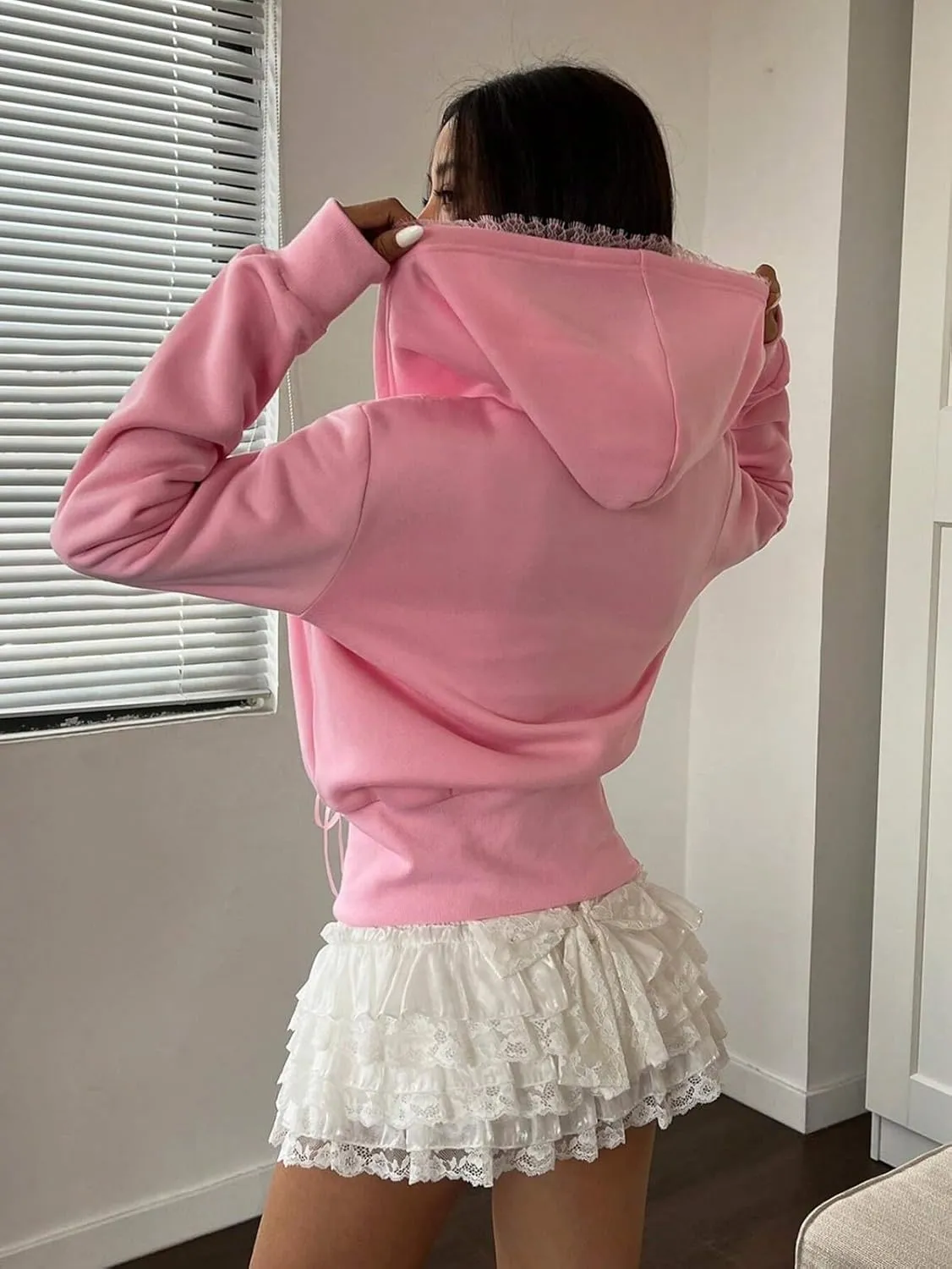 Cioatin Women Cute Lace Patchwork Bow Zip Up Crop Hoodie Y2K Coquette Fleece Casual Hooded Sweatshirt Jacket Pullover