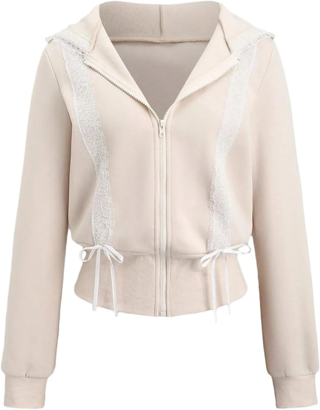 Cioatin Women Cute Lace Patchwork Bow Zip Up Crop Hoodie Y2K Coquette Fleece Casual Hooded Sweatshirt Jacket Pullover