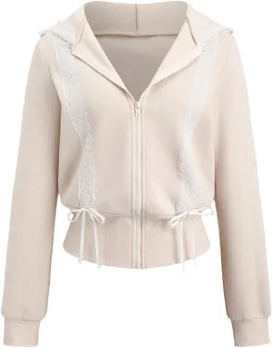 Cioatin Women Cute Lace Patchwork Bow Zip Up Crop Hoodie Y2K Coquette Fleece Casual Hooded Sweatshirt Jacket Pullover