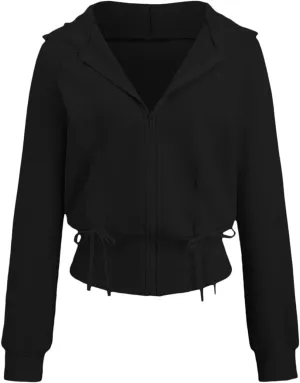 Cioatin Women Cute Lace Patchwork Bow Zip Up Crop Hoodie Y2K Coquette Fleece Casual Hooded Sweatshirt Jacket Pullover