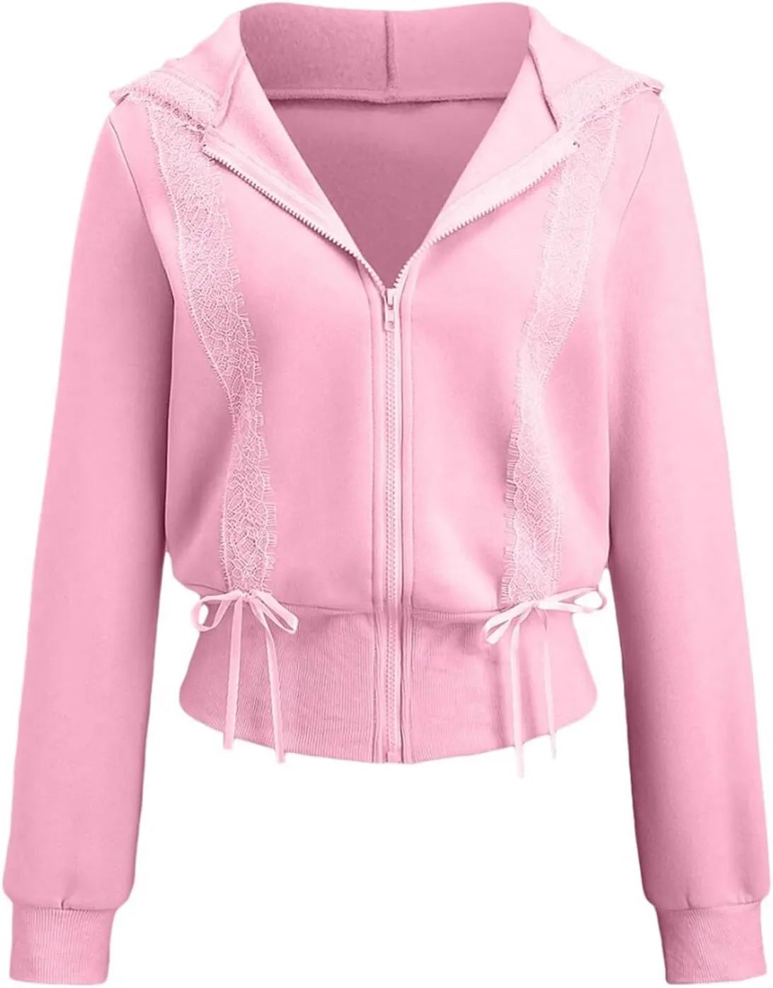 Cioatin Women Cute Lace Patchwork Bow Zip Up Crop Hoodie Y2K Coquette Fleece Casual Hooded Sweatshirt Jacket Pullover