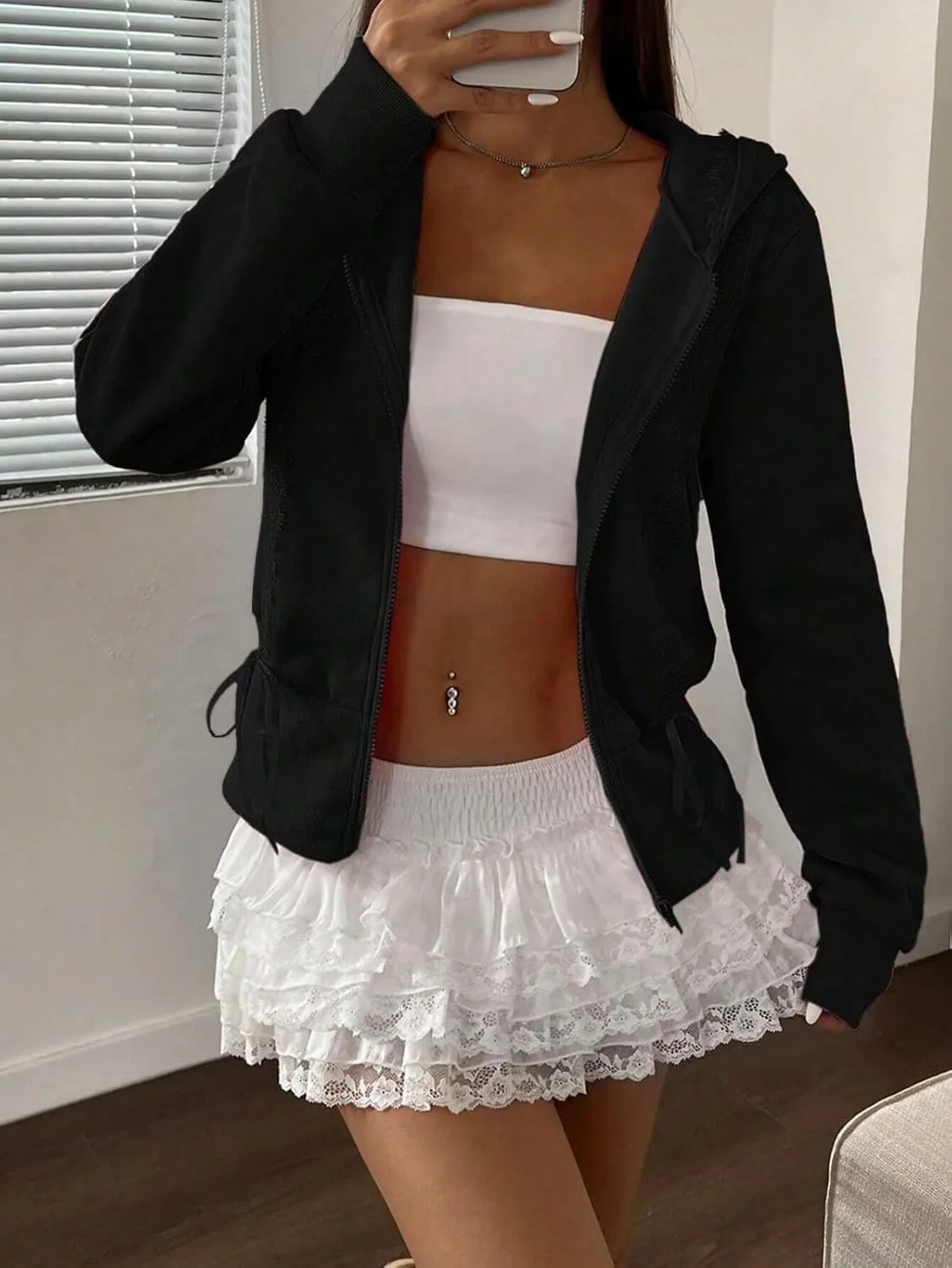 Cioatin Women Cute Lace Patchwork Bow Zip Up Crop Hoodie Y2K Coquette Fleece Casual Hooded Sweatshirt Jacket Pullover