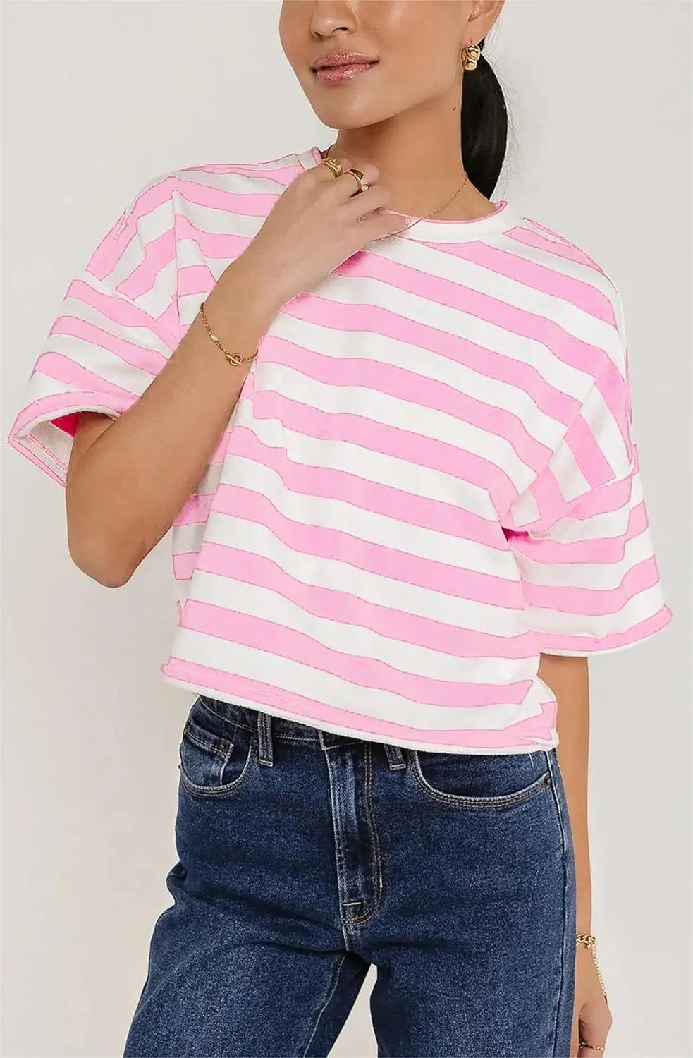 Cioatin Women Oversized Striped Colorblock Crop Tee Top Crew Neck Short Sleeve Loose Fit Aesthetic Tshirt Summer Casual