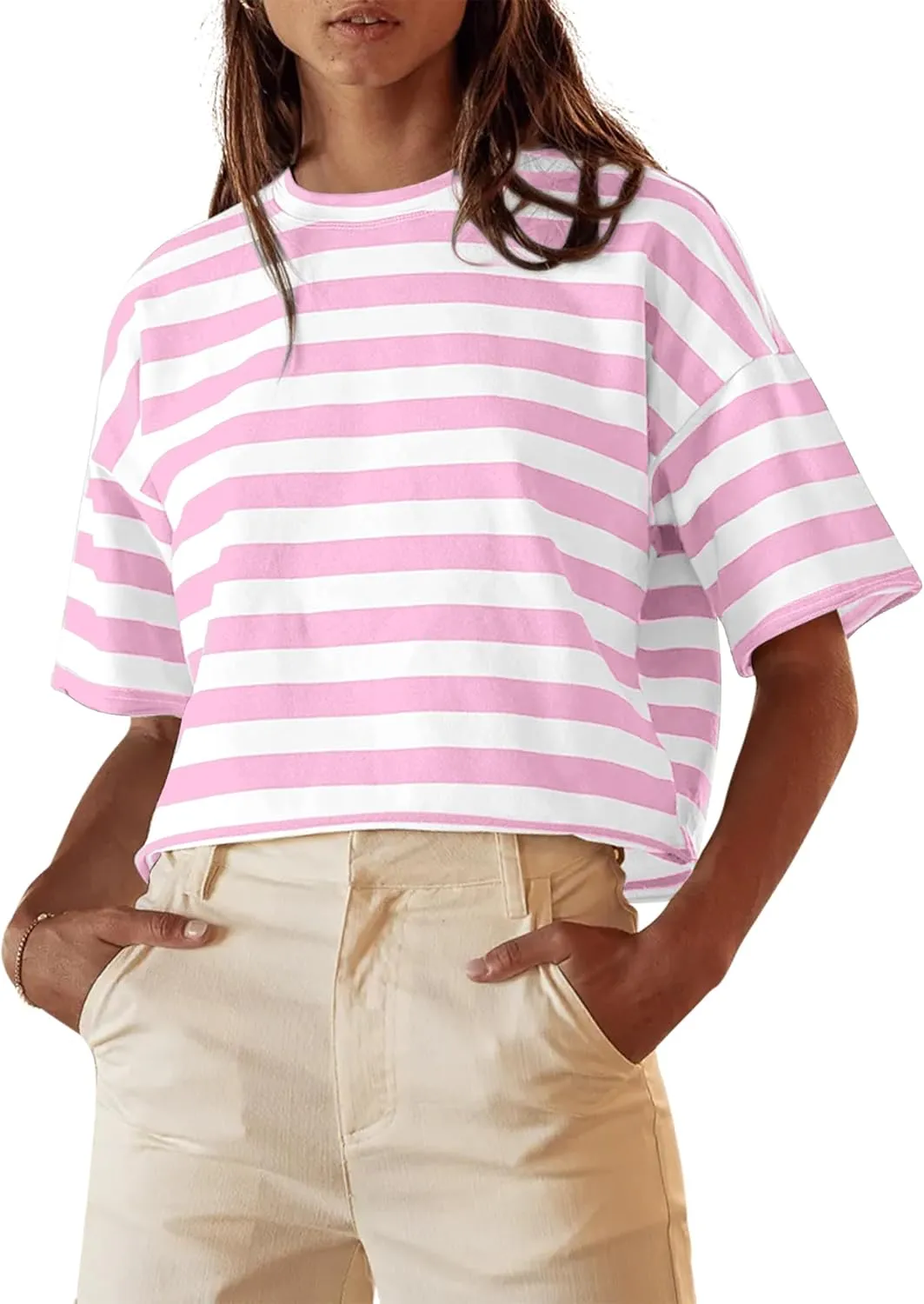 Cioatin Women Oversized Striped Colorblock Crop Tee Top Crew Neck Short Sleeve Loose Fit Aesthetic Tshirt Summer Casual