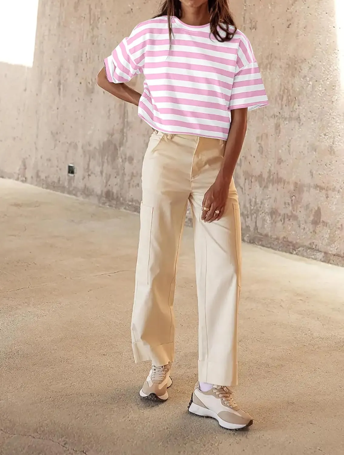 Cioatin Women Oversized Striped Colorblock Crop Tee Top Crew Neck Short Sleeve Loose Fit Aesthetic Tshirt Summer Casual