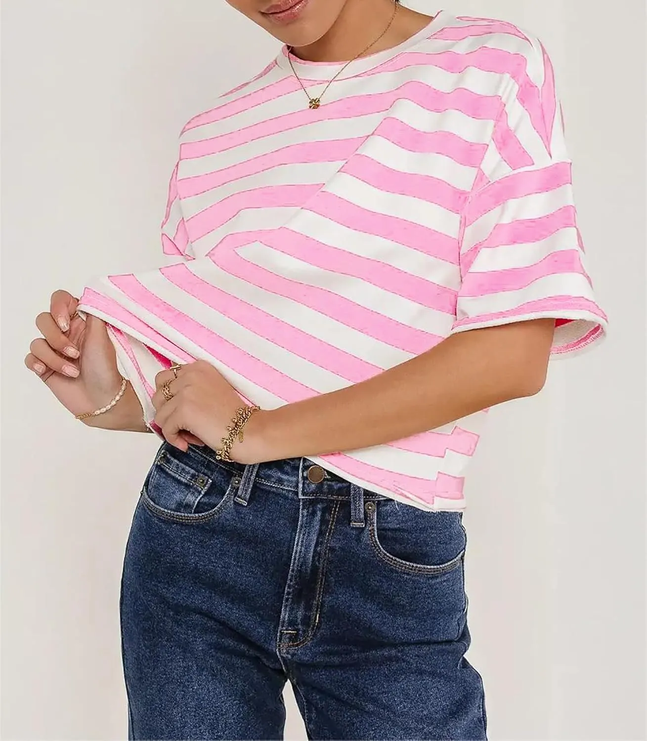 Cioatin Women Oversized Striped Colorblock Crop Tee Top Crew Neck Short Sleeve Loose Fit Aesthetic Tshirt Summer Casual