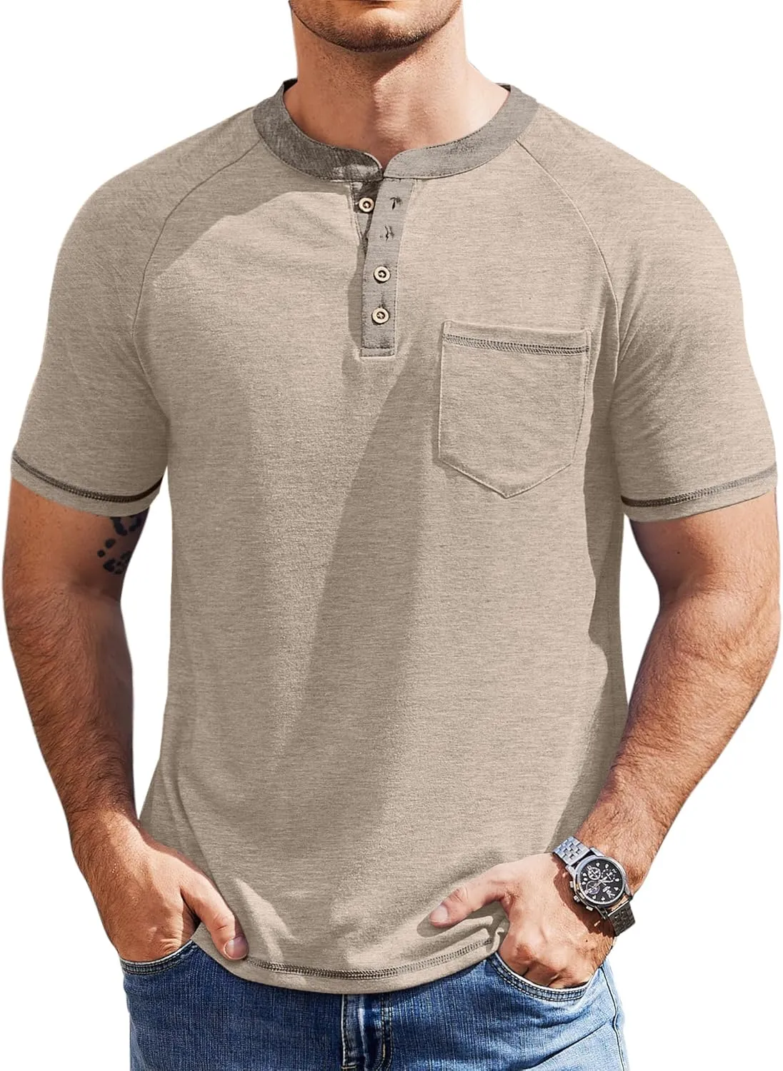 COOFANDY Mens Henley Shirts Short Sleeve Casual Button T-Shirts Basic Tee Shirts Summer Vintage T Shirts with Pocket