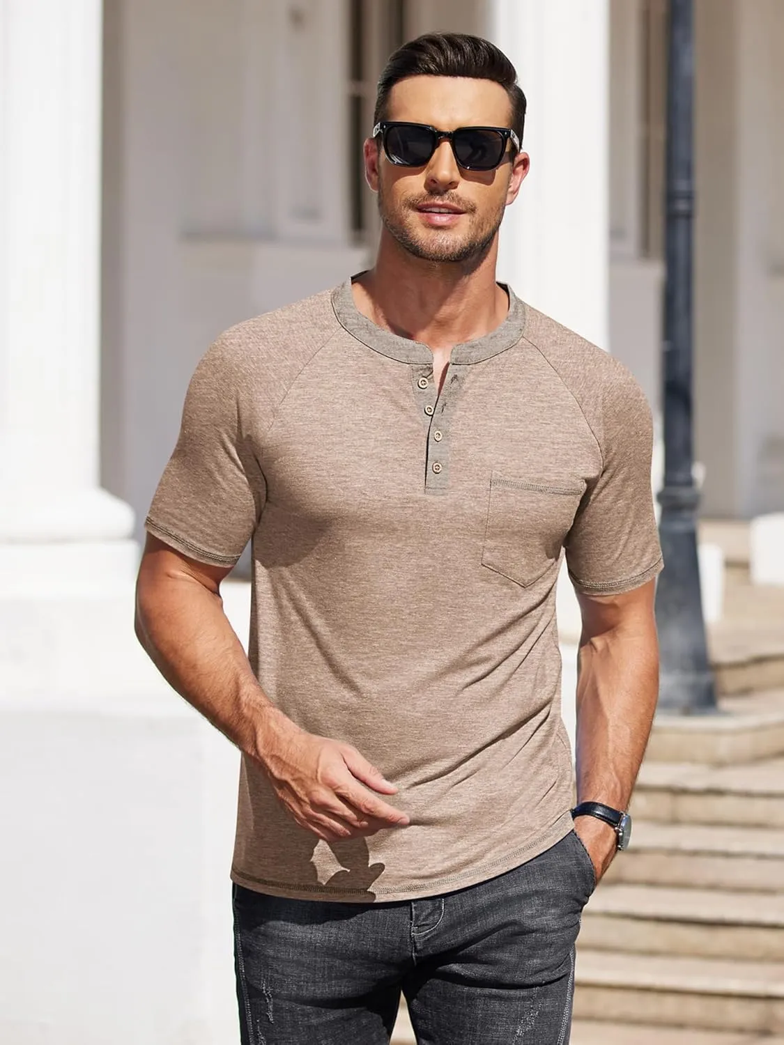COOFANDY Mens Henley Shirts Short Sleeve Casual Button T-Shirts Basic Tee Shirts Summer Vintage T Shirts with Pocket