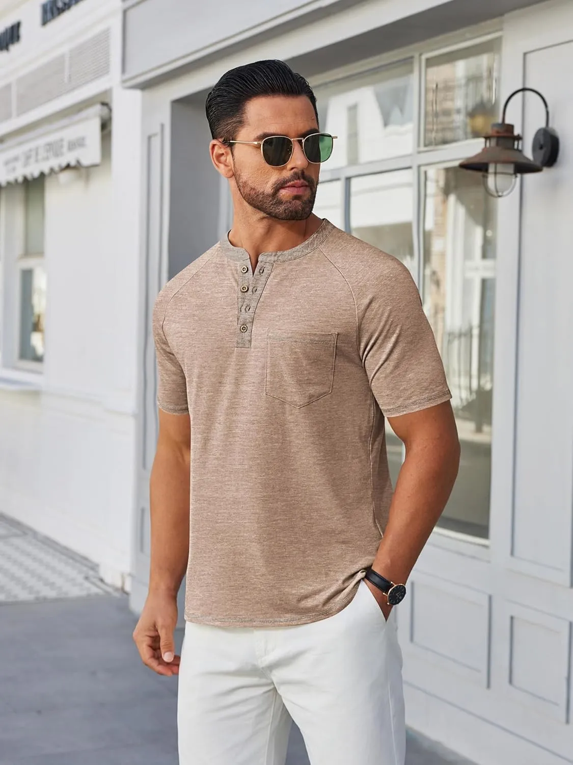 COOFANDY Mens Henley Shirts Short Sleeve Casual Button T-Shirts Basic Tee Shirts Summer Vintage T Shirts with Pocket