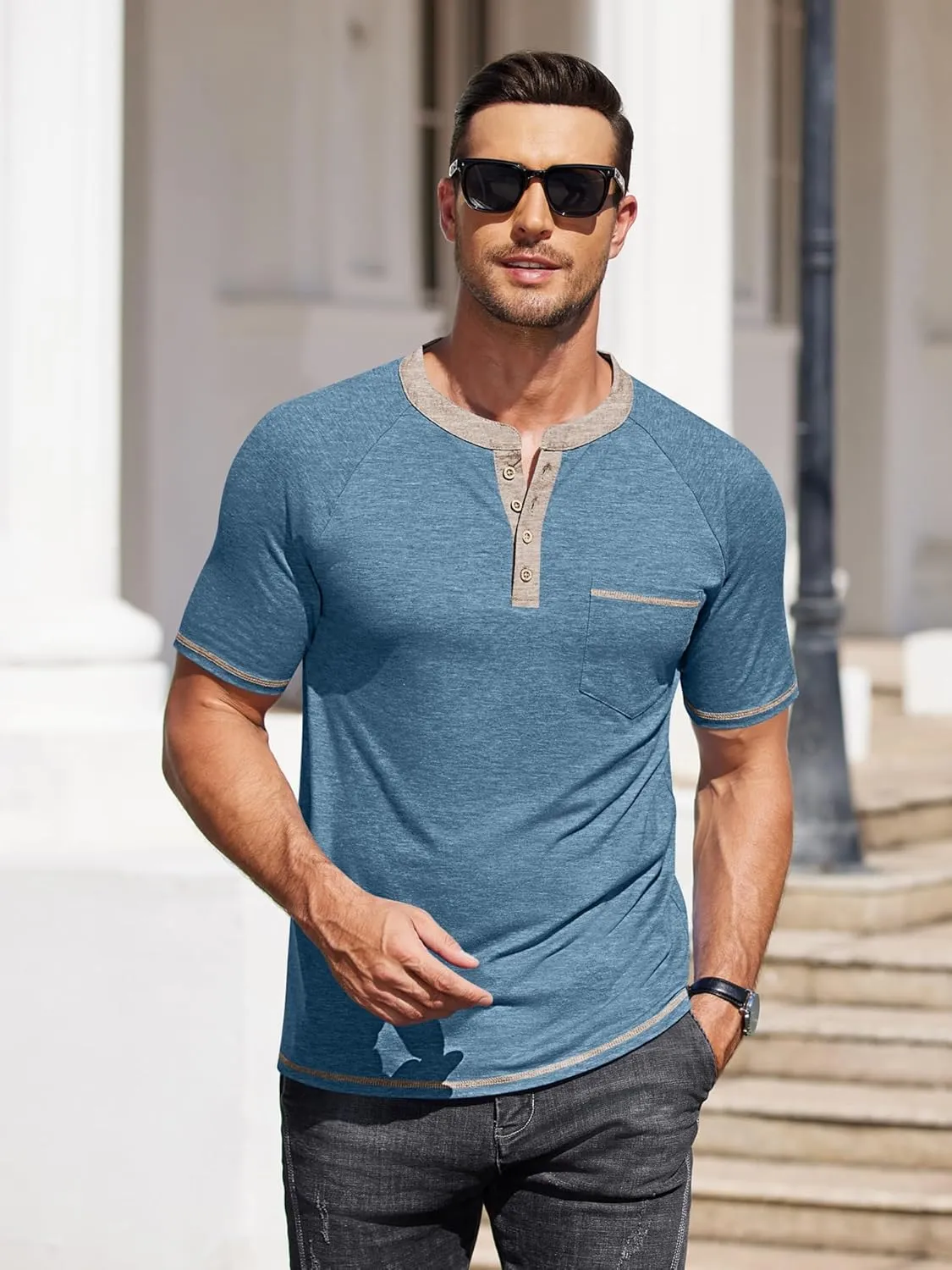 COOFANDY Mens Henley Shirts Short Sleeve Casual Button T-Shirts Basic Tee Shirts Summer Vintage T Shirts with Pocket