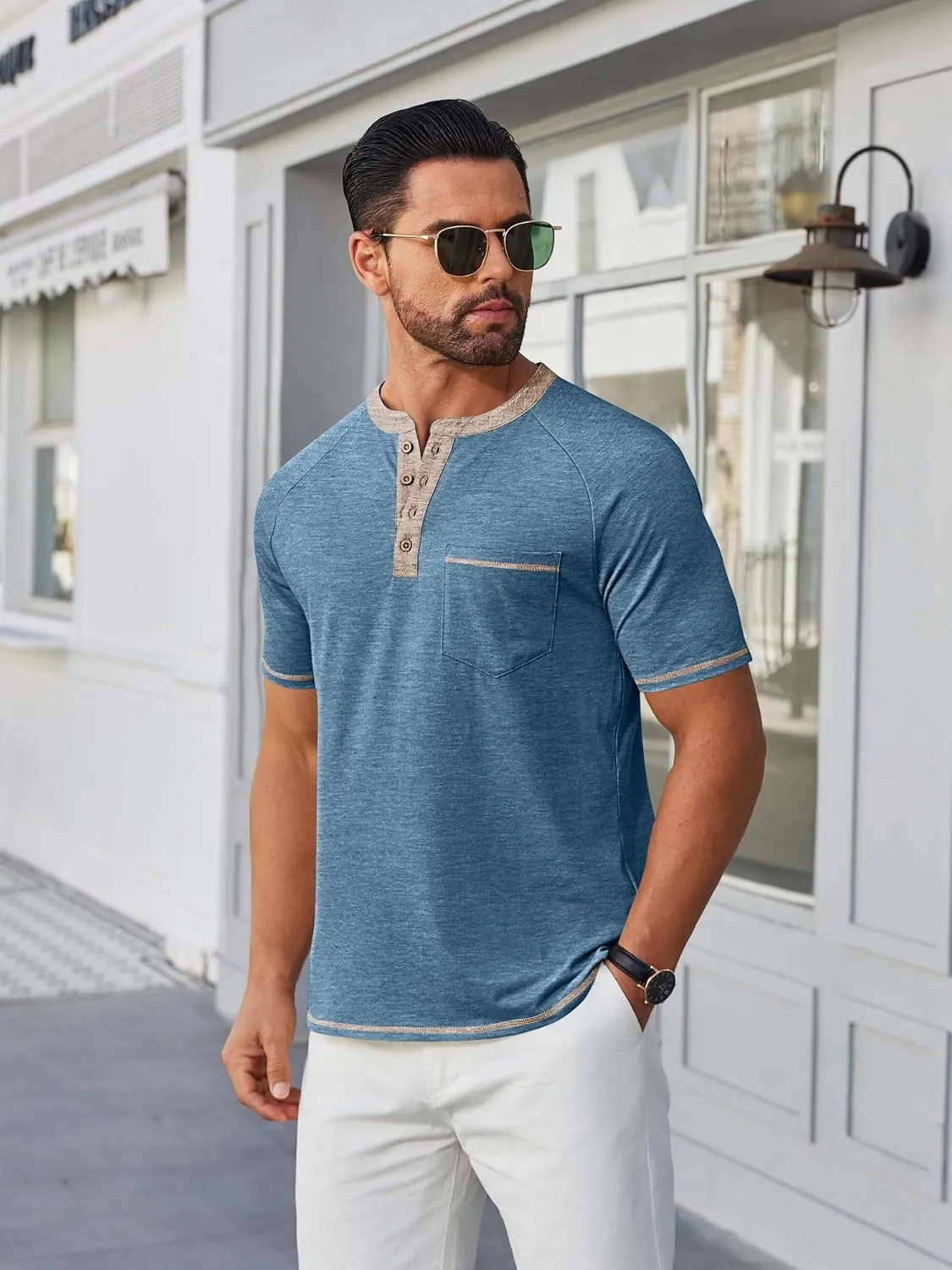 COOFANDY Mens Henley Shirts Short Sleeve Casual Button T-Shirts Basic Tee Shirts Summer Vintage T Shirts with Pocket