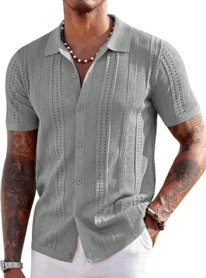 COOFANDY Men's Knit Shirts Short Sleeve Button Down Polo Shirt Fashion Casual Summer Beach Shirts