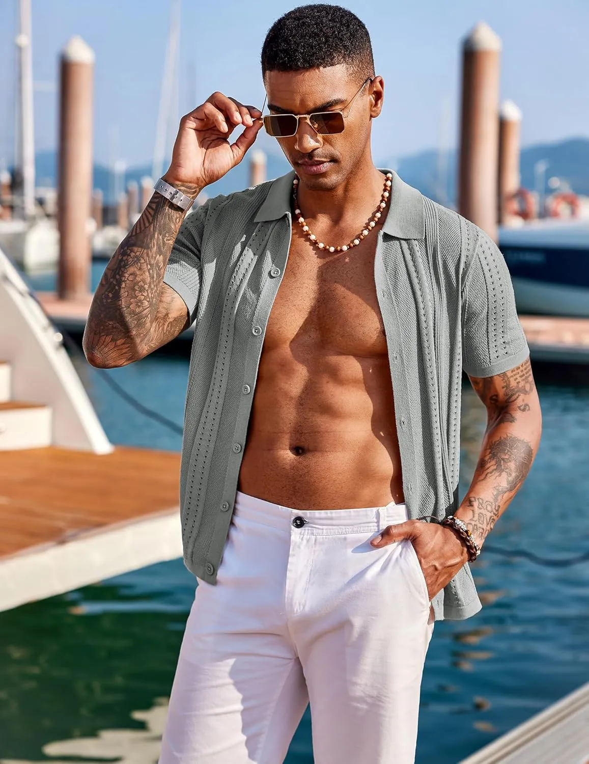 COOFANDY Men's Knit Shirts Short Sleeve Button Down Polo Shirt Fashion Casual Summer Beach Shirts
