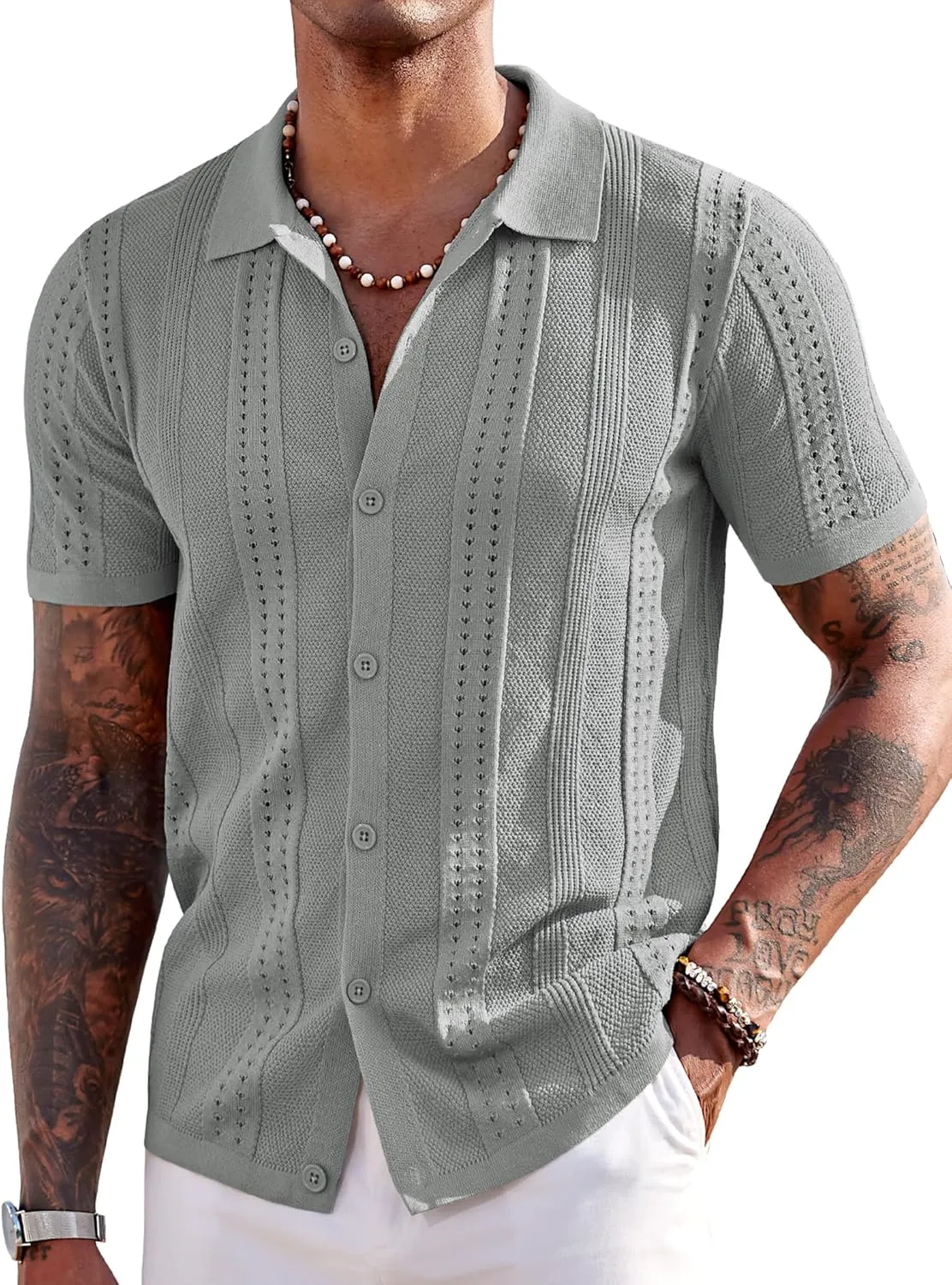 COOFANDY Men's Knit Shirts Short Sleeve Button Down Polo Shirt Fashion Casual Summer Beach Shirts