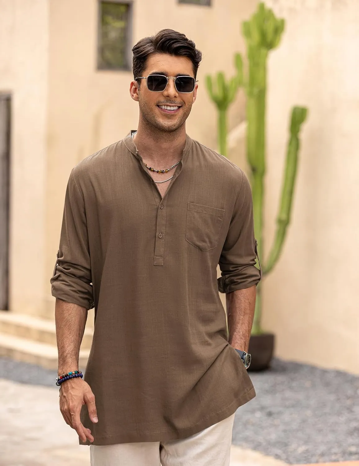 COOFANDY Men's Linen Henley Shirts Long Sleeve Collarless T-Shirts Longline Kurta Beach Shirts with Pocket