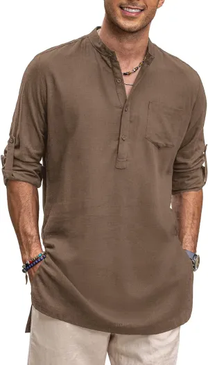 COOFANDY Men's Linen Henley Shirts Long Sleeve Collarless T-Shirts Longline Kurta Beach Shirts with Pocket