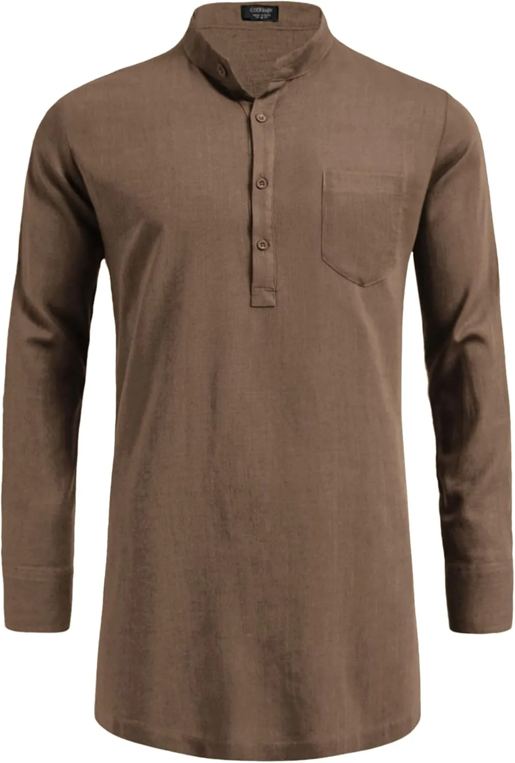 COOFANDY Men's Linen Henley Shirts Long Sleeve Collarless T-Shirts Longline Kurta Beach Shirts with Pocket