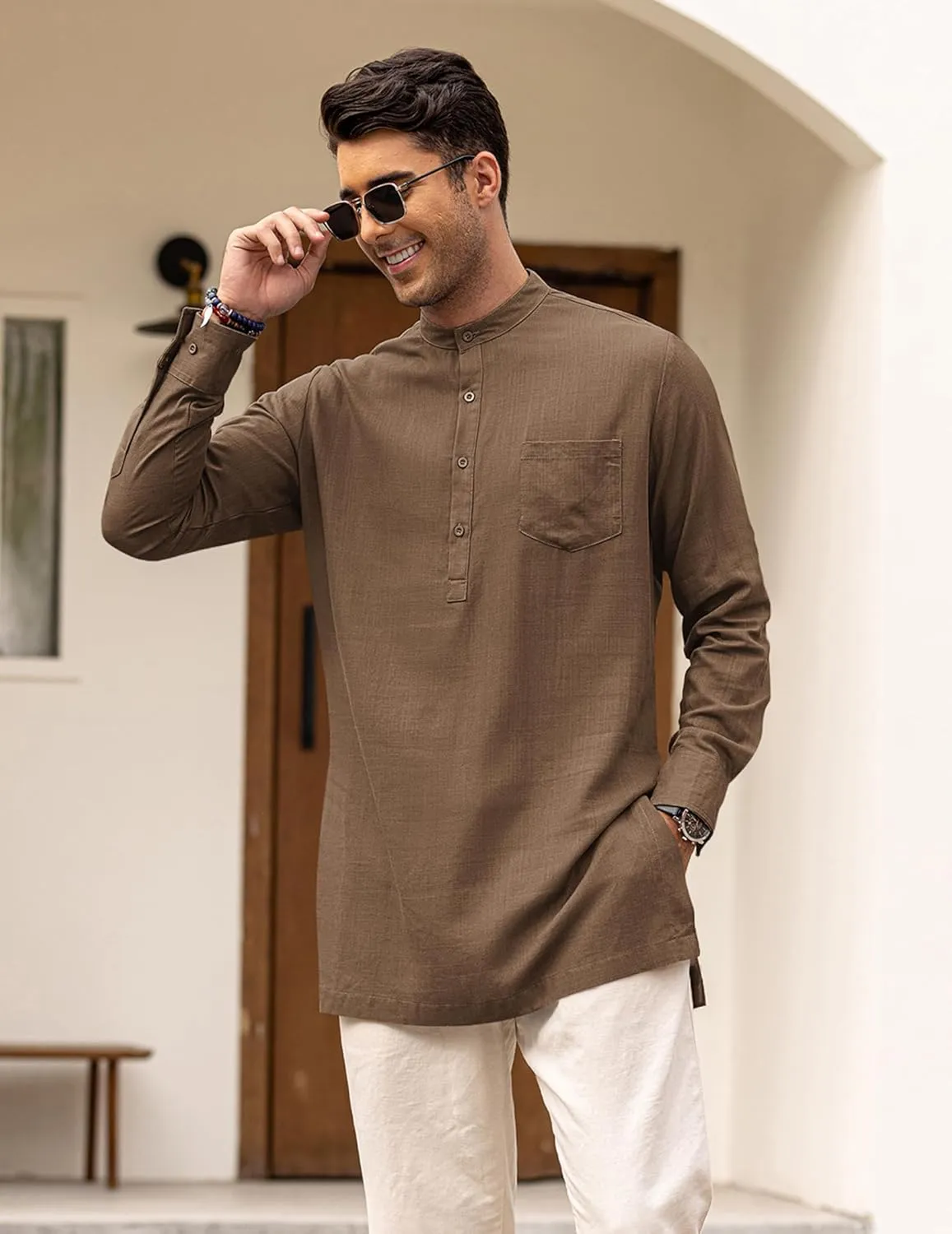 COOFANDY Men's Linen Henley Shirts Long Sleeve Collarless T-Shirts Longline Kurta Beach Shirts with Pocket
