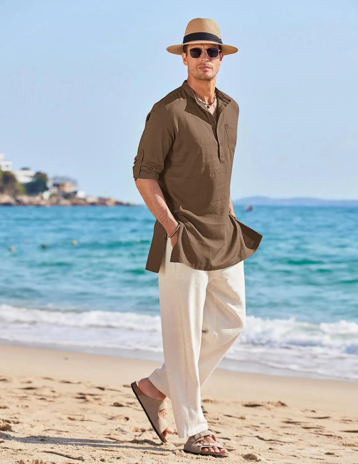 COOFANDY Men's Linen Henley Shirts Long Sleeve Collarless T-Shirts Longline Kurta Beach Shirts with Pocket