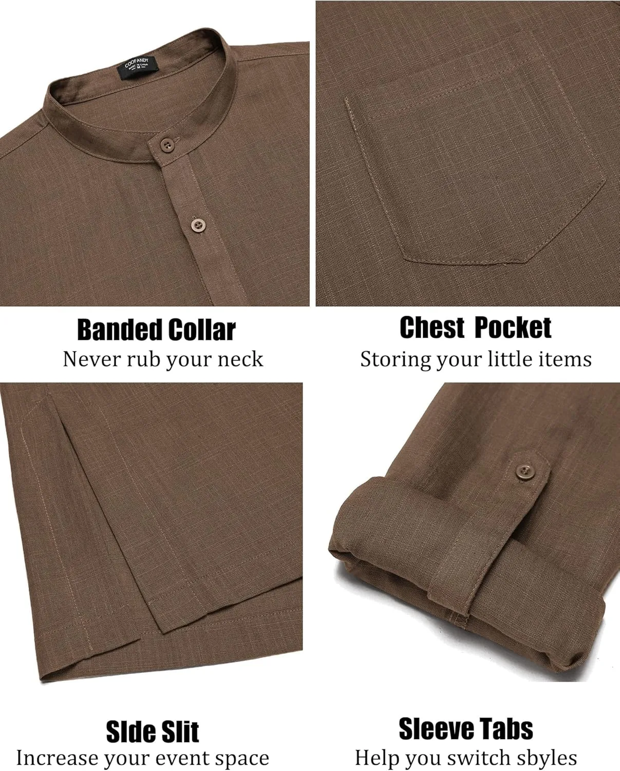 COOFANDY Men's Linen Henley Shirts Long Sleeve Collarless T-Shirts Longline Kurta Beach Shirts with Pocket