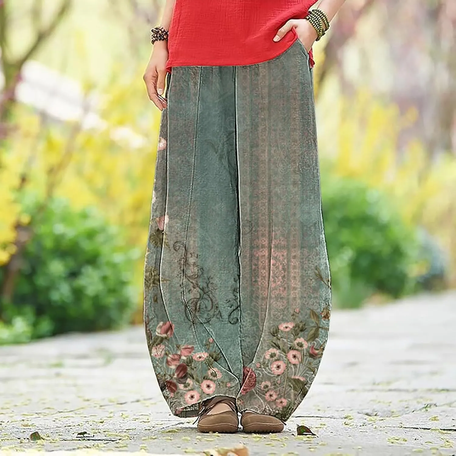 Cotton Linen Lantern Pants Women Casual Baggy Elastic Waist Relax Fit Trousers Bohemian Beach Yoga Pants Harem Pants