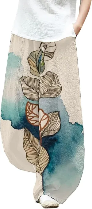 Cotton Linen Lantern Pants Women Casual Baggy Elastic Waist Relax Fit Trousers Bohemian Beach Yoga Pants Harem Pants