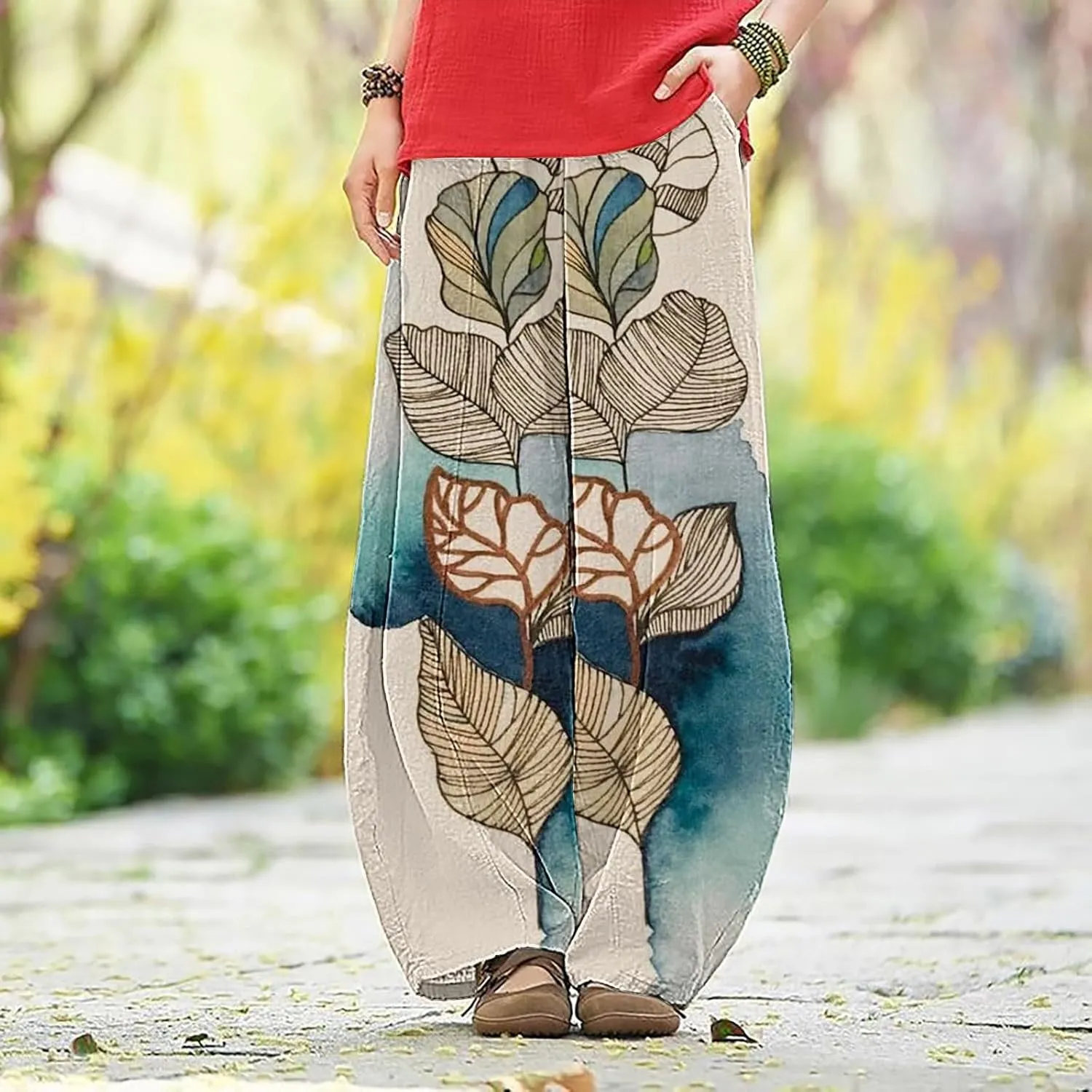Cotton Linen Lantern Pants Women Casual Baggy Elastic Waist Relax Fit Trousers Bohemian Beach Yoga Pants Harem Pants