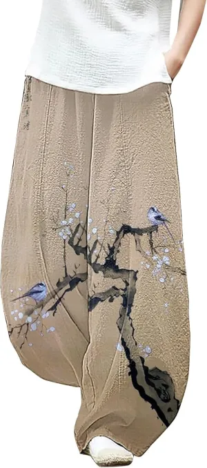 Cotton Linen Lantern Pants Women Casual Baggy Elastic Waist Relax Fit Trousers Bohemian Beach Yoga Pants Harem Pants