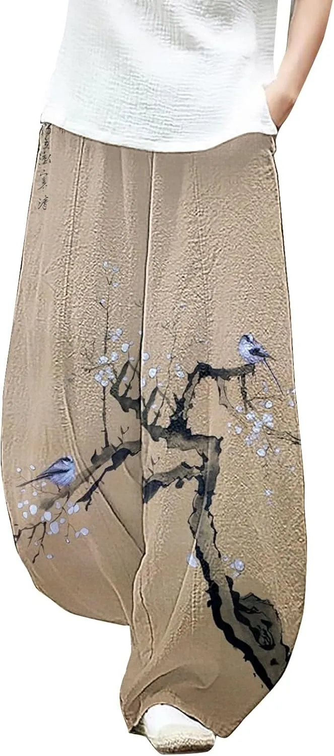 Cotton Linen Lantern Pants Women Casual Baggy Elastic Waist Relax Fit Trousers Bohemian Beach Yoga Pants Harem Pants