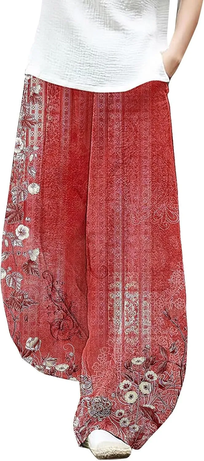 Cotton Linen Lantern Pants Women Casual Baggy Elastic Waist Relax Fit Trousers Bohemian Beach Yoga Pants Harem Pants