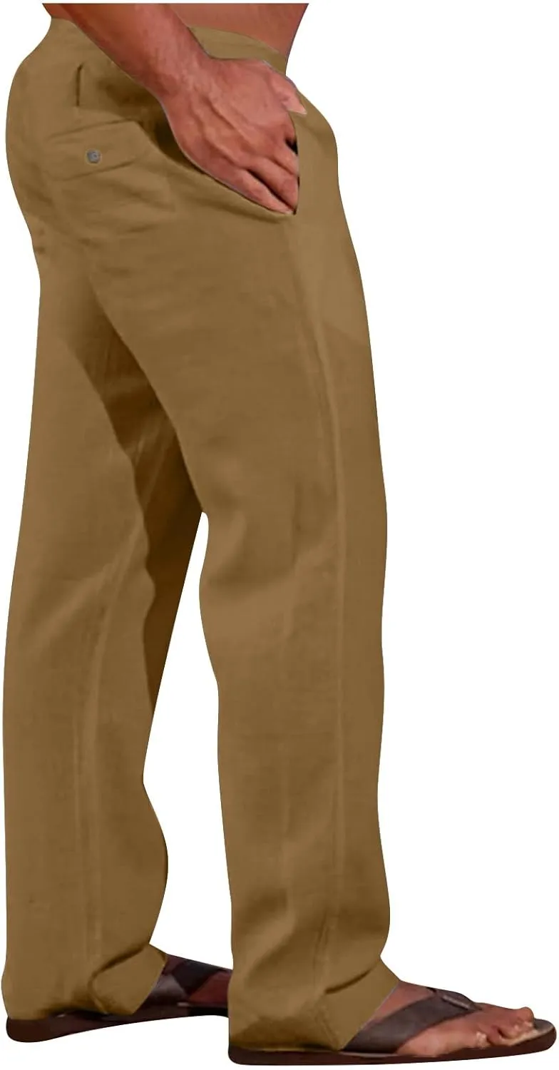 Cotton Linen Men's Linen Drawstring Pants Elastic Waist Relax Casual Daily Beach Travel Comfy Lounge Activewear