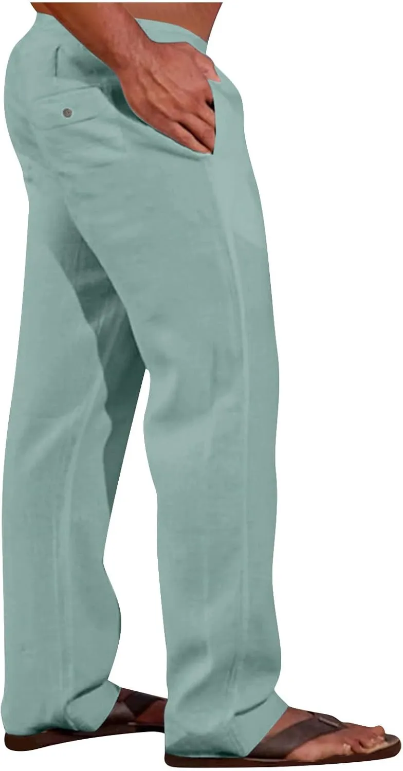 Cotton Linen Men's Linen Drawstring Pants Elastic Waist Relax Casual Daily Beach Travel Comfy Lounge Activewear