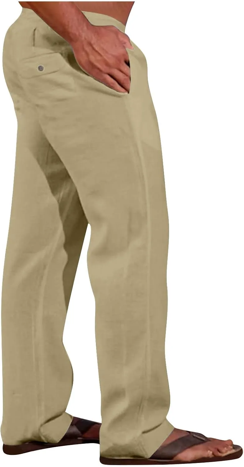 Cotton Linen Men's Linen Drawstring Pants Elastic Waist Relax Casual Daily Beach Travel Comfy Lounge Activewear