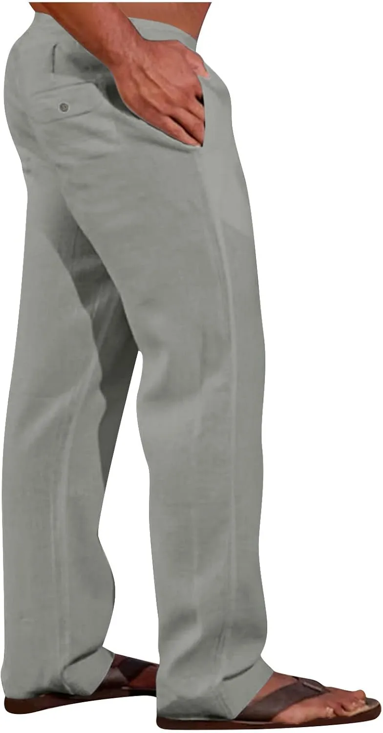Cotton Linen Men's Linen Drawstring Pants Elastic Waist Relax Casual Daily Beach Travel Comfy Lounge Activewear