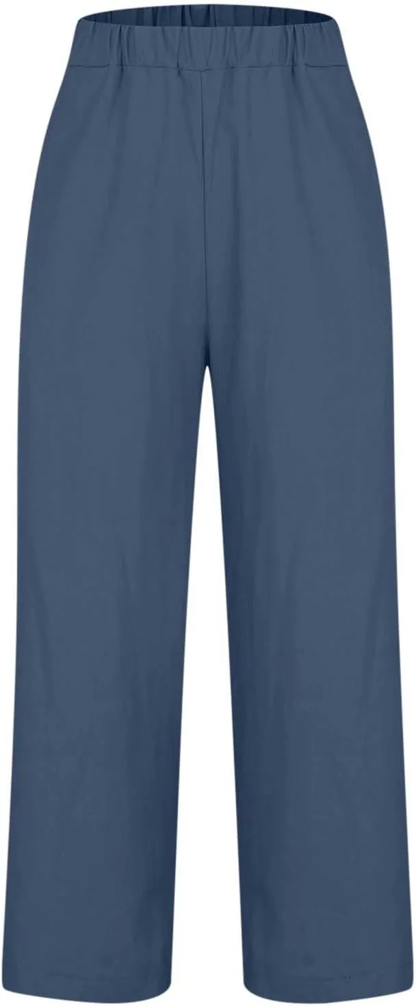 Cotton Linen Pants for Women Solid Straight Leg Suit Pant Summer Vacation Casual Relax Trousers with Pockets