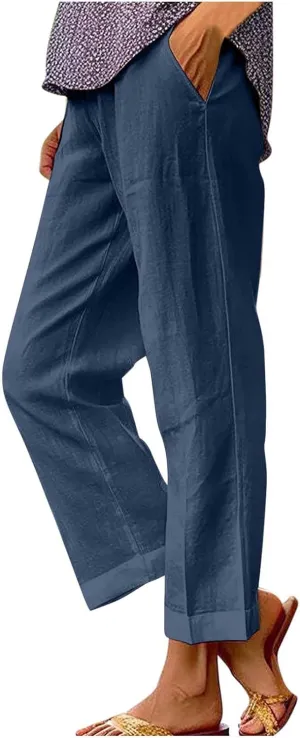 Cotton Linen Pants for Women Solid Straight Leg Suit Pant Summer Vacation Casual Relax Trousers with Pockets