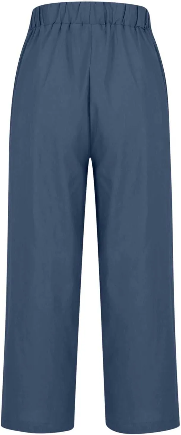 Cotton Linen Pants for Women Solid Straight Leg Suit Pant Summer Vacation Casual Relax Trousers with Pockets