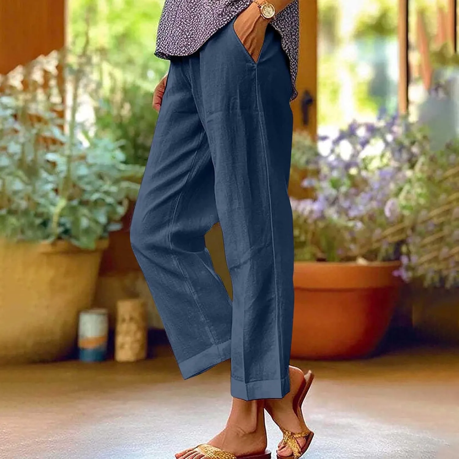 Cotton Linen Pants for Women Solid Straight Leg Suit Pant Summer Vacation Casual Relax Trousers with Pockets