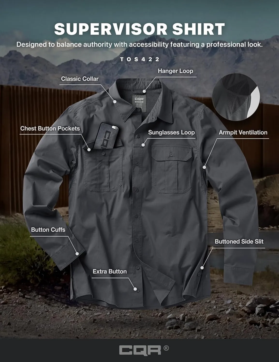 CQR Men's Long Sleeve Tactical Shirts, Ripstop Military Work Shirts, UPF 50  Breathable Button Down Outdoor Hiking Shirt