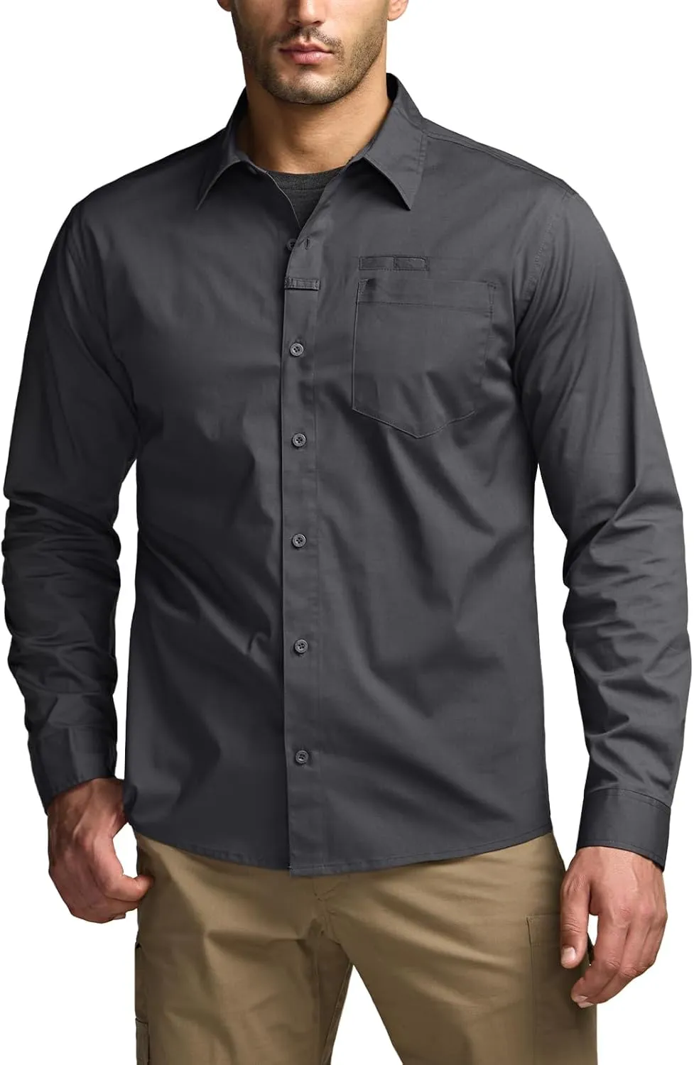 CQR Men's Long Sleeve Tactical Shirts, Ripstop Military Work Shirts, UPF 50  Breathable Button Down Outdoor Hiking Shirt