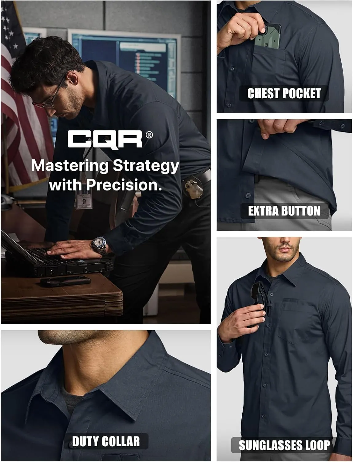 CQR Men's Long Sleeve Tactical Shirts, Ripstop Military Work Shirts, UPF 50  Breathable Button Down Outdoor Hiking Shirt