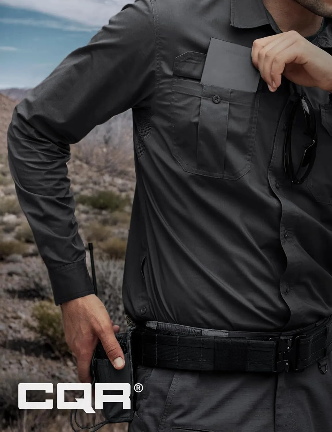 CQR Men's Long Sleeve Tactical Shirts, Ripstop Military Work Shirts, UPF 50  Breathable Button Down Outdoor Hiking Shirt