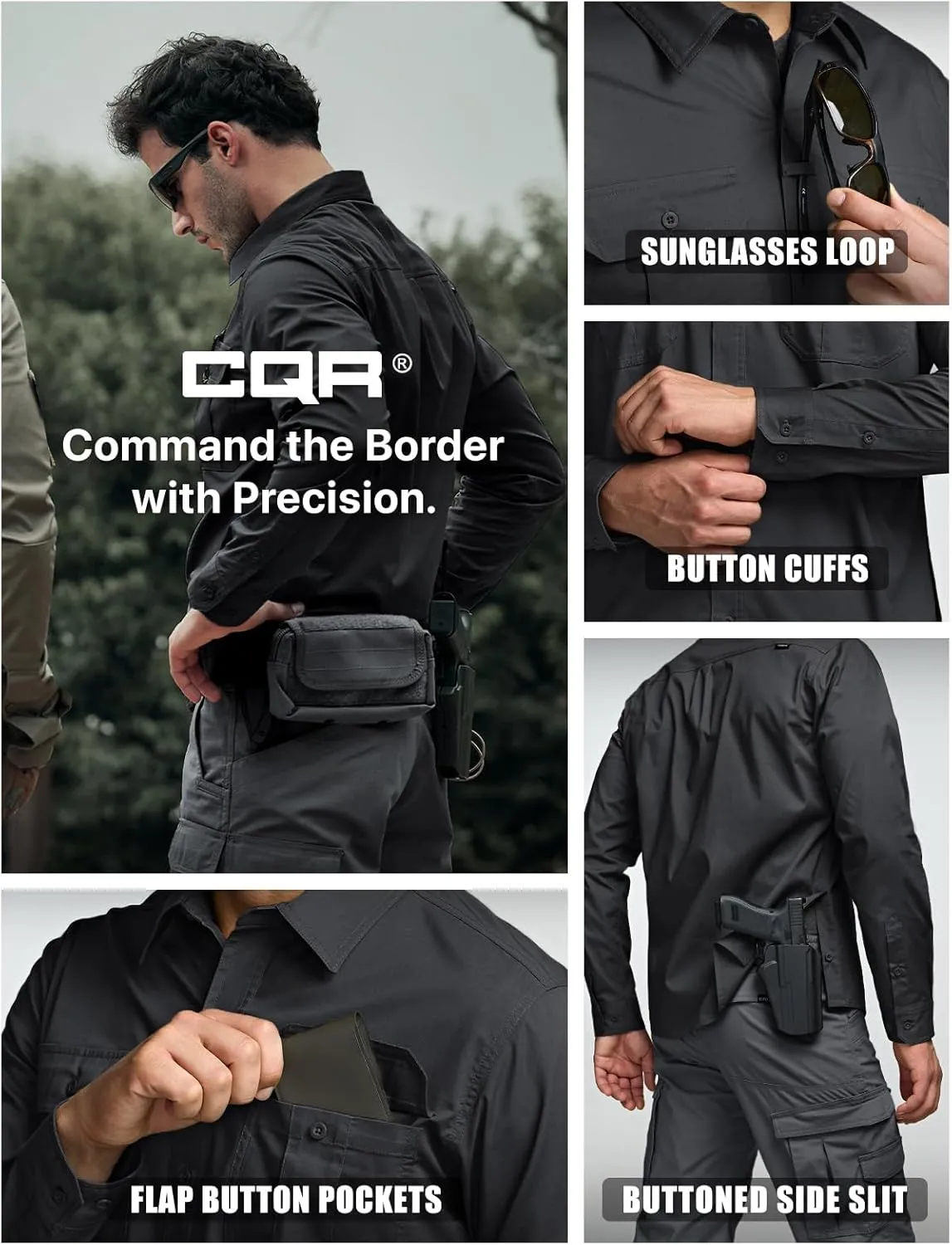 CQR Men's Long Sleeve Tactical Shirts, Ripstop Military Work Shirts, UPF 50  Breathable Button Down Outdoor Hiking Shirt
