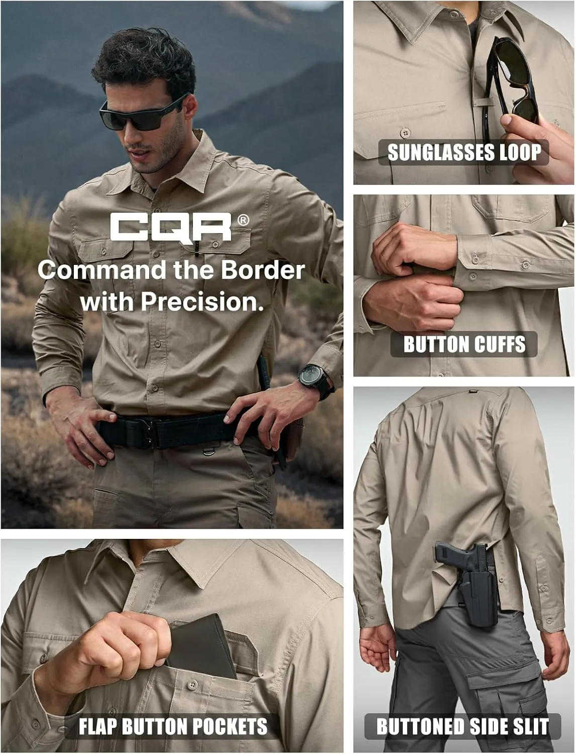 CQR Men's Long Sleeve Tactical Shirts, Ripstop Military Work Shirts, UPF 50  Breathable Button Down Outdoor Hiking Shirt