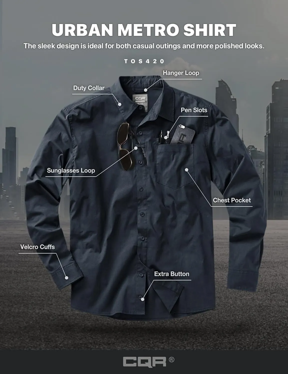 CQR Men's Long Sleeve Tactical Shirts, Ripstop Military Work Shirts, UPF 50  Breathable Button Down Outdoor Hiking Shirt